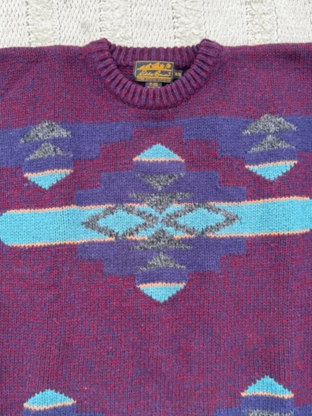 Vintage 90s Eddie Bauer Aztec Purple Wool Blend Knit Sweater Men's Size XL